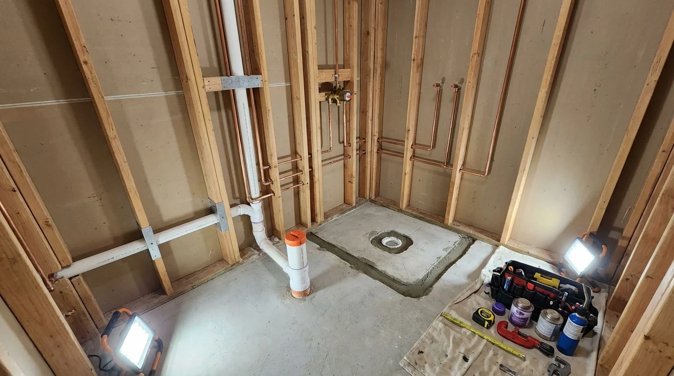 Bathroom rough-in plumbing during remodel by Johns Plumbing LLC in Yorkshire
