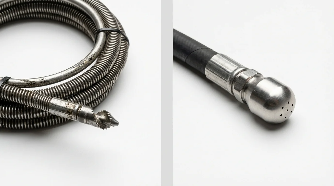 Drain snake cable and hydro jetting nozzle used for drain cleaning in Yorkshire, NY