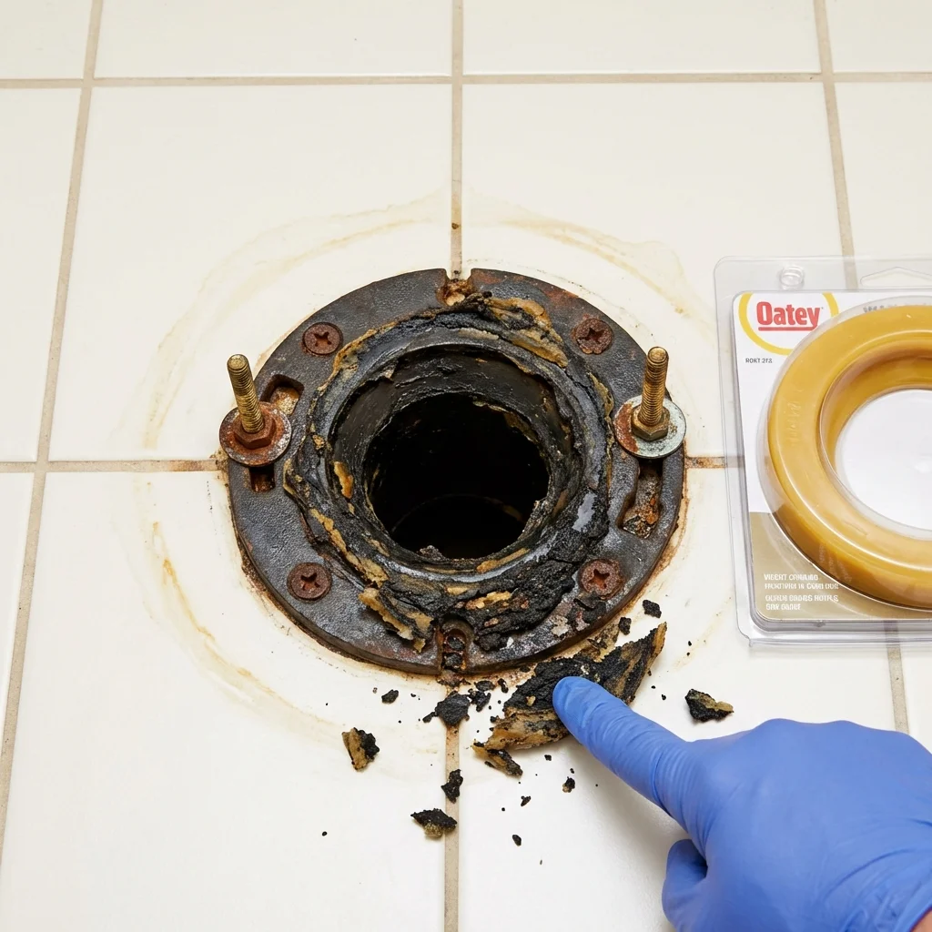 Failed wax ring showing water seepage at the base of a toilet in a Yorkshire, NY home