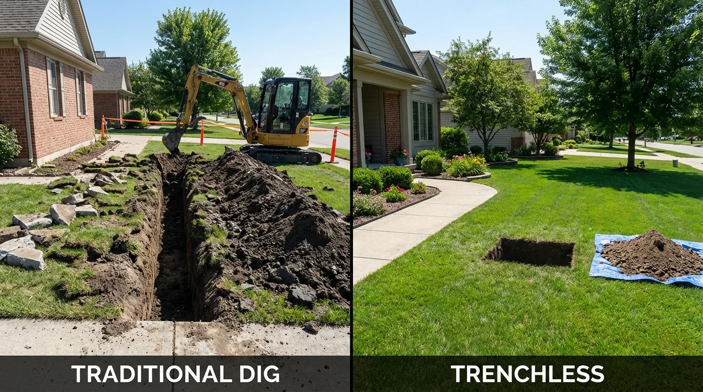 Trenchless sewer repair with minimal yard damage versus traditional excavation in Yorkshire, NY