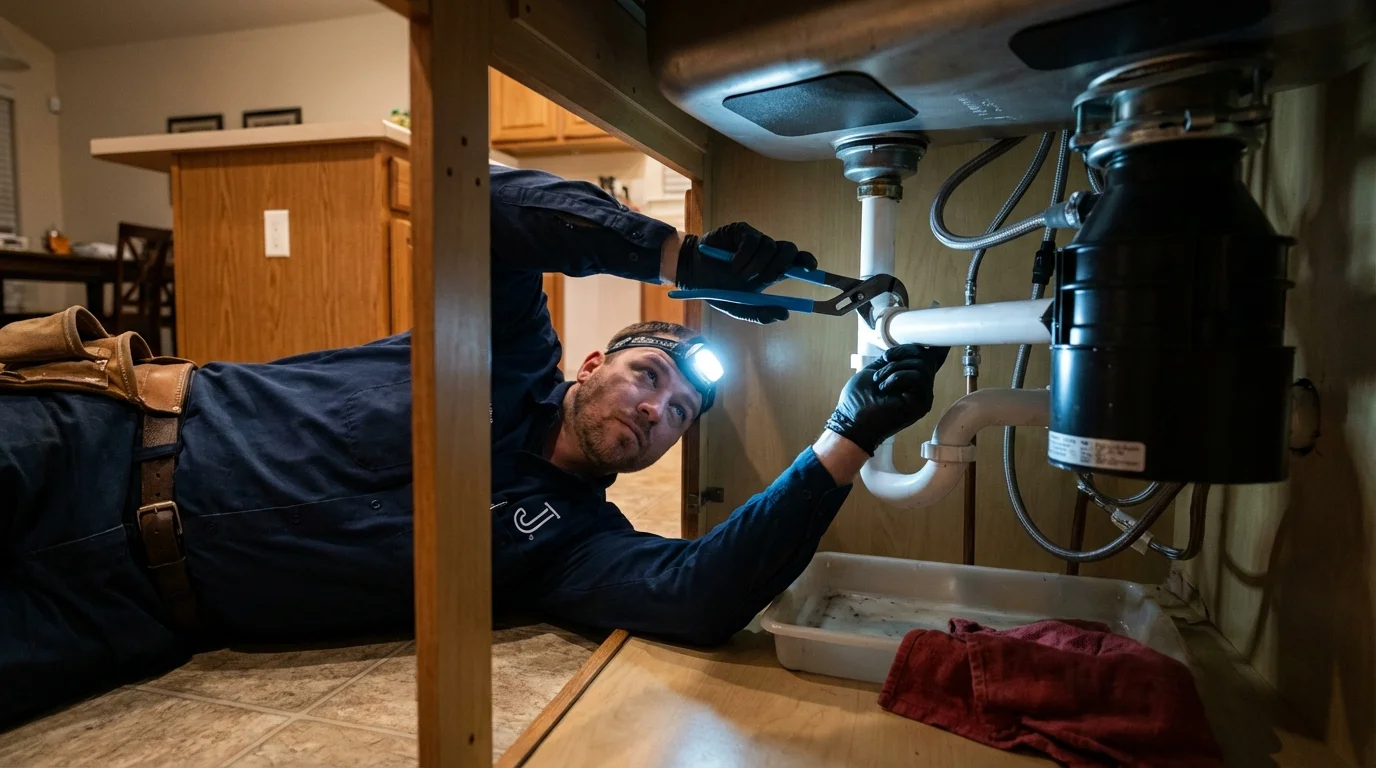 P-trap and supply line connections under a kitchen sink showing a common leak point in Yorkshire, NY